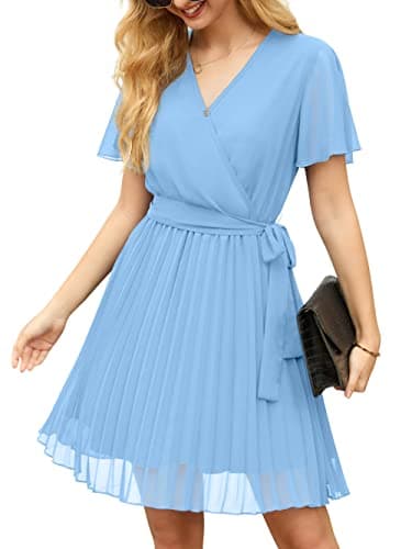 Image of GRECERELLE Womens Summer Casual Wrap Dress Chiffon Cute Pleated Beach Tie Waist Dresses for Women (Light Blue, S)