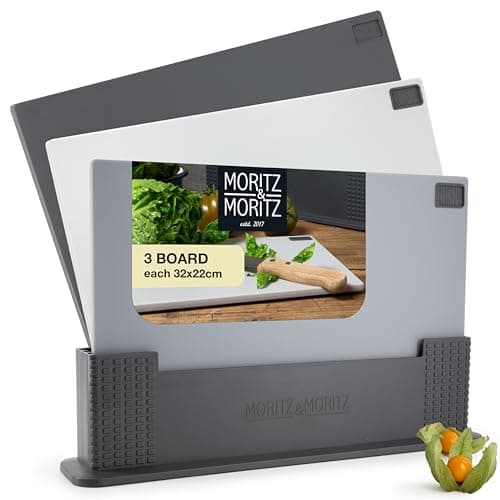 Image of Moritz & Moritz 3X Grey Chopping Board Set with Stand 32 x 22 cm - Chopping Boards for Kitchens with Anti-Slip Studs for Safe Cutting - Cutting Boards in a Cutting Board Stand