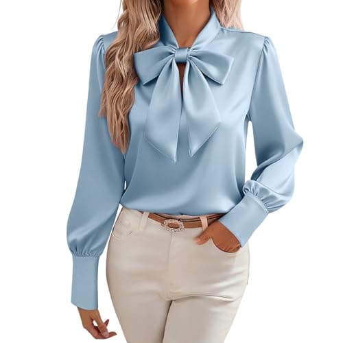 Image of Satin Blouse for Women Bow Tie Neck Ladies Shirts Elegant Vintage Long Sleeve Shirts Ladies Going Out Casual Smart Business Work Office Tops Casual Loose Solid Color Top Blue