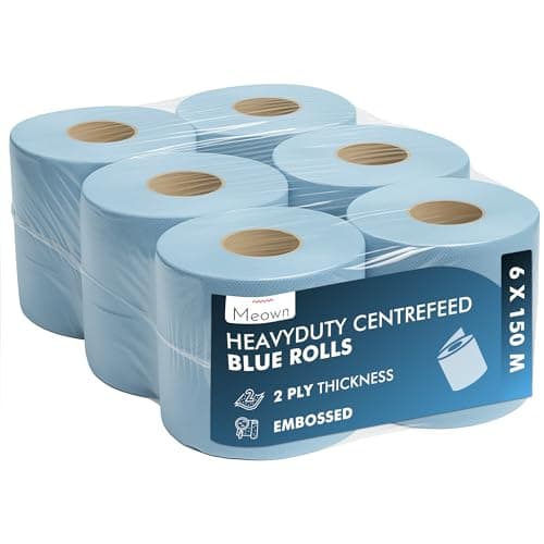 Image of MEOWN Blue Centrefeed Rolls 2 Ply 150 m x 6, Embossed Paper Towels for Wiping and Drying, Strong Absorbent Blue Roll for Kitchens Workshops Warehouses and Commercial Cleaning