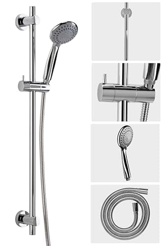 Image of Croydex Flexi-Fix Chrome Shower Riser Rail Kit - Shower Handset with 5 Spray Patterns and Rub Clean Nozzles, Adjustable 800mm Rail, Reinforced 1500mm Shower Hose, Universal Holder, Water Saving