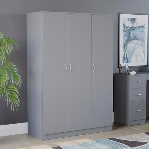 Image of Vida Designs Riano 3 Door Wardrobe | Grey | Bedroom Furniture | 170H x 115.4W x 53D cm | with Shelf & Hanging Rail | Large Capacity Storage