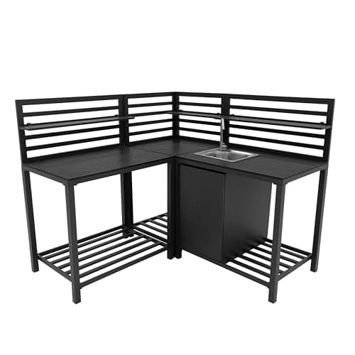 Image of 3 Piece Outdoor Kitchen Modular Configuration Corner Sink & Table Unit Aluminium Set Anthracite Grey Steel Sink Cold Tap Adjustable Storage Shelves Cupboard Cabinet Outdoor Prep Area