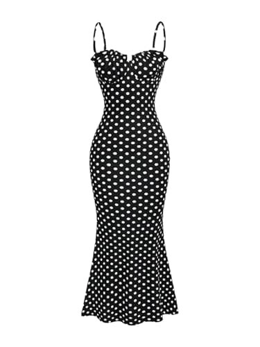 Image of GORGLITTER Women's Polka Dots Fishtail Long Cami Dresses Sleeveless Ruched Bodycon Vintage Elegant Maxi Dress Black and White Large