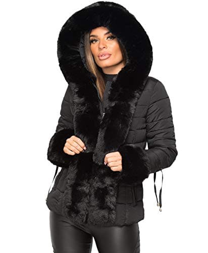 Image of Wulux Womens Ladies Quilted Padded Side Buckle Belted Bubble Faux Fur Trim Collar Hooded Thick Puffer Winter Outerwear Parka Coat Jacket Black UK Size XL-14