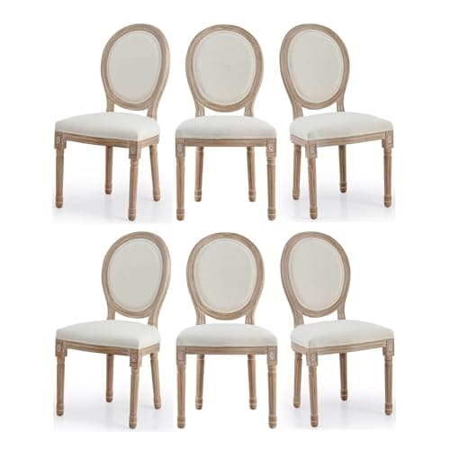 Image of VONLUCE Accent Chairs Set of 6, French Upholstered Dining Chairs for Bedroom Living Room Kitchen, Vintage Vanity Chair with Oval Birch Backrests Rubberwood Legs, Louis XVI Farmhouse Home Decor, Beige