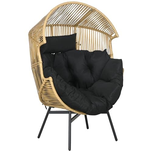 Image of Outsunny Garden Egg Chair with 14cm Thick Seat Cushion, PE Rattan Leisure Chair with Comfortable Headrest, Adjustable Feet, Steel Frame, Sand