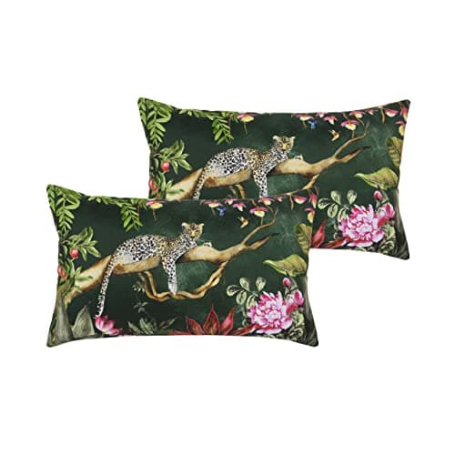 Image of Evans Lichfield Leopard Outdoor Polyester Filled Cushions (Twin Pack), Polyester, Forest Green, 30 x 50cm (K2-LEOPARD/HF6/FOR)