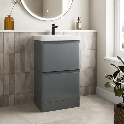 Image of Affine® 500mm Vanity Unit Wash Basin Sink Bathroom Floor Standing Storage Cabinet Cupboard Cloakroom, Soft Close Drawers, Grey Gloss