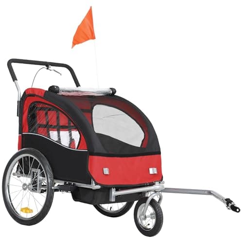 Image of HOMCOM 2 Seat Bike Trailer for Kids, Baby Bike Stroller with 5 Point Harness, Child Bicycle Trailer with Safety Flag, Reflectors, Windproof Curtain, for 18+ Months, Red