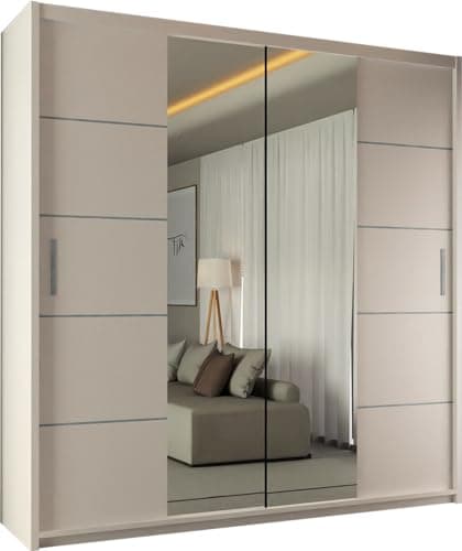 Image of SLIDING WARDROBE 4U Winnipeg Double Door Sliding Mirror Wardrobe with Adjustable Shelves and Hanging Rails (White, 180cm)