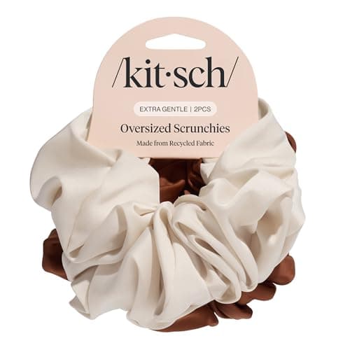 Image of Kitsch Recycled Satin Oversized Scrunchies – Large Hair Scrunchies for Women, Eco-Friendly Hair Ties & Ponytail Holders | Ideal Gifts for Women - Camel & Cream, 2pc Set