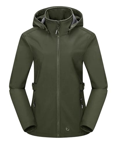 Image of Outdoor Ventures Women’s Waterproof Softshell Jacket with Datachable Hood Fleece Lined Outdoor Jacket Ladies Hiking Short Coat Casual Outerwear Jacket Hiking Camping Olive Green S