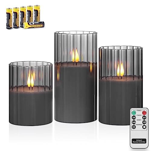 Image of Rhytsing Smoked Ribbed Glass Battery Operated LED Candles with Remote, Flameless Candle with Timer Gift Set for Home Decor, Warm White Lights- Include 6 Batteries - Set of 3