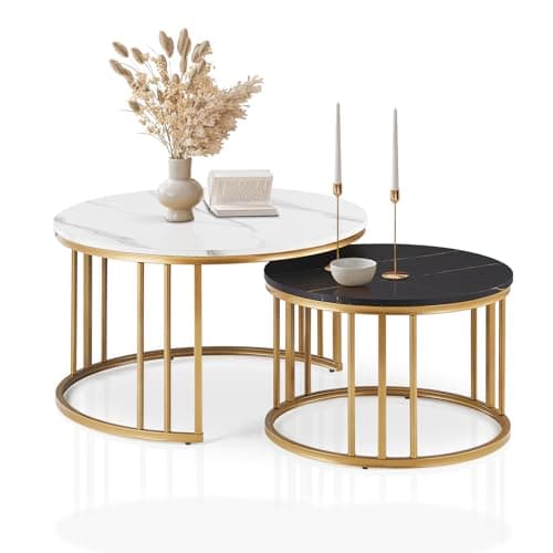 Image of CLIPOP Set of 2 Nesting Coffee Table for Living Room, Modern Stackable Round Side Table with Golden Metal Frame Marble Effect Tabletop, Sofa Table for Small Space, White Black 80 x 80 x 45cm