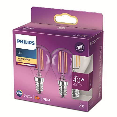 Image of Philips Hue LED Classic Light Bulb Twin Pack [E14 Edison Screw] 4.3W - 40W Equivalent, Warm White (2700K), 929001890467