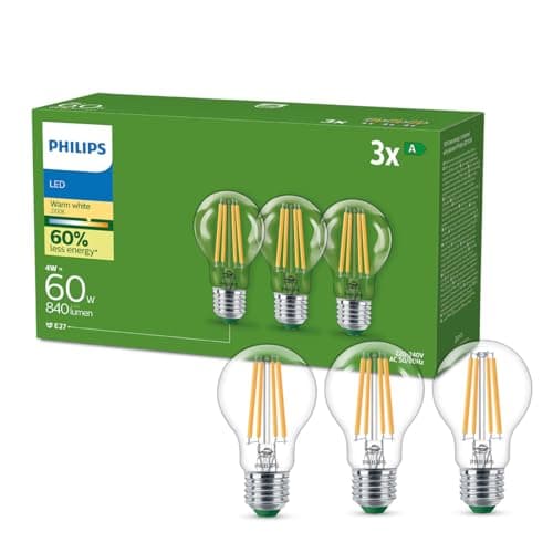 Image of Philips Clear Ultra-Efficient Filament LED Bulb (3 Pack), E27, 4W Equivalent to 60W, Warm White Light 2700K, Energy Efficiency A