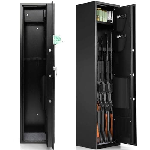 Image of TANGZON 5-Gun Rifle Cabinet, 57’’/145cm Long Gun Safe Box with Biometric Fingerprint, Digital Keypad, 2 Emergency Keys, Ammo Lockbox & Storage Pockets, Anti-Theft Gun Security Safe for Home Office