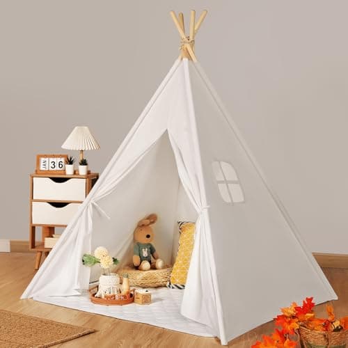 Image of Wilwolfer Kids Teepee Tent Indoor: Toddler Tipi Play Tent Cotton Large with Storage Bag and Window Foldable Off-White Playhouse Toys House for Grils Boys Birthday Gift