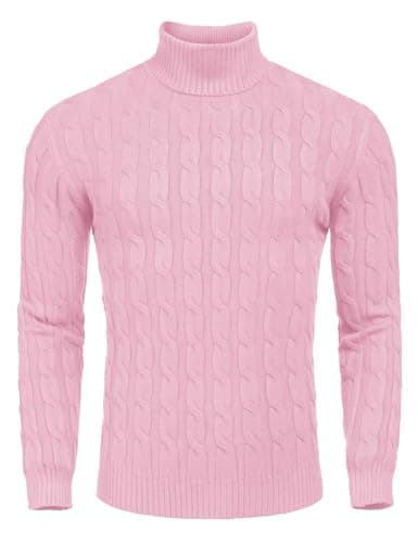 Image of COOFANDY Men's Turtleneck Jumpers Cable Knitted Jumper Roll Neck Sweater Slim Fit Pullover Sweatshirt Rosa L