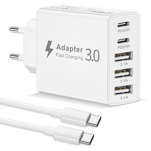 Image of EU Travel Adapter Charger, 50W European Plug Adapter Fast Charger with 2 USB C&3 USB A, European Wall Adaptor EU Adaptor USB Plug Fast Charging with 1M USB C Cable for iPhone 17 16 15, iPad, Samsung