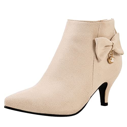 Image of Lroey Reoly Women Kitten Heel Ankle Boots, Casual Party Boots Pointed Toe Zip High Heel Booties Bows 254 Apricot/Br Size 8 UK/44