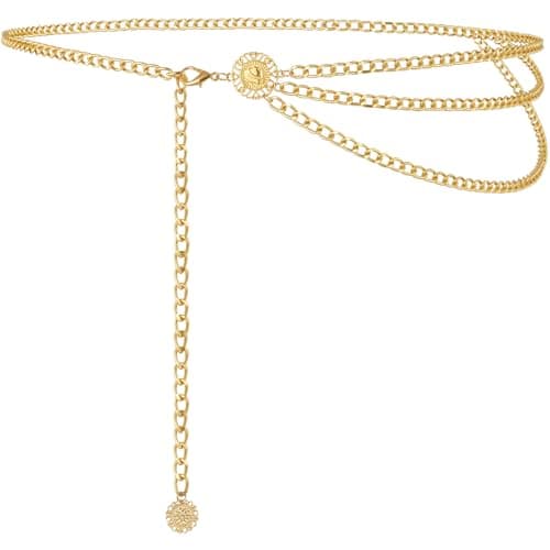 Image of Alaoo Gold Chain Belt for Women, Chain Belt Adjustable Boho Waist Fashion, Cowgirl Links Belts for Women Dresses Jean Pants (D-115CM)