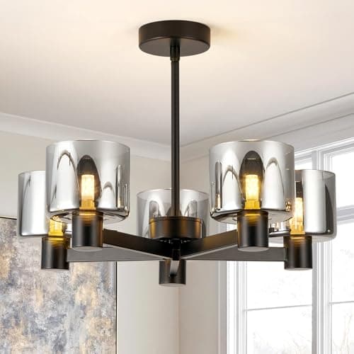 Image of HARPER LIVING Modern 5 Lights Chandeliers Ceiling Light, Semi Flush Ceiling Lamp with Smoked Glass Shades, Matt Black Finish, 5xG9 Ceiling Lighting for Living Room Bedroom Dining Room Hallway