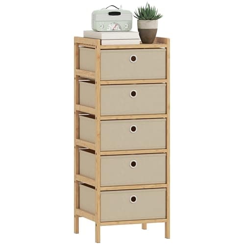 Image of HOMCOM Chest of Drawers, 5 Fabric Drawers Dresser with Bamboo Frame, Narrow Storage Unit for Small Spaces, Bedroom, Living Room, Hallway, Cream White