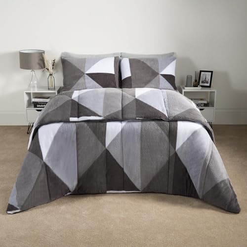 Image of OHS Teddy 10.5 Tog King Size Coverless Duvet, Reversible Washable Fleece Coverless Duvet Travel Camping Duvet Soft Winter Warm Comfy Bedding with Pillowcases, Grey Geo