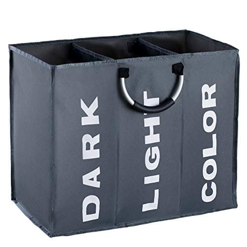 Image of IHOMAGIC 3 Sections Large Laundry Hamper, Collapsible Laundry Bag, Foldable Laundry Basket, Portable Storage Bag Bin with Carry Handles, Dirty Clothes Bag for Bathroom, Bedroom, 90L, Dark Grey