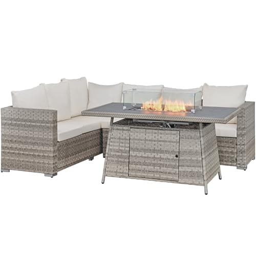 Image of Aweather 6 Seater Rattan Corner Sofa Set Rattan Garden Furniture Set with Fire Pit Table and Washable Cushions (Cream)