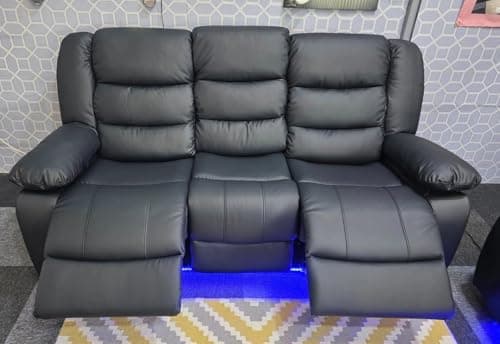 Image of Madrid Leather Electric Recliner Sofa With Cupholders - Leather Sofa - 3+2 Seater - USB Charging Ports - LED Lights (Black, 3 Seater)