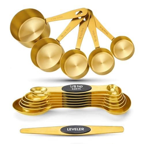 Image of Cuteefun 13 Piece Gold Measuring Cups and Spoons Set, Including 8 Magnetic Measuring Spoons Set with Leveler, 5 Cup Measurements Set, Stainless Steel Kitchen Gadgets for Liquid & Dry Ingredients