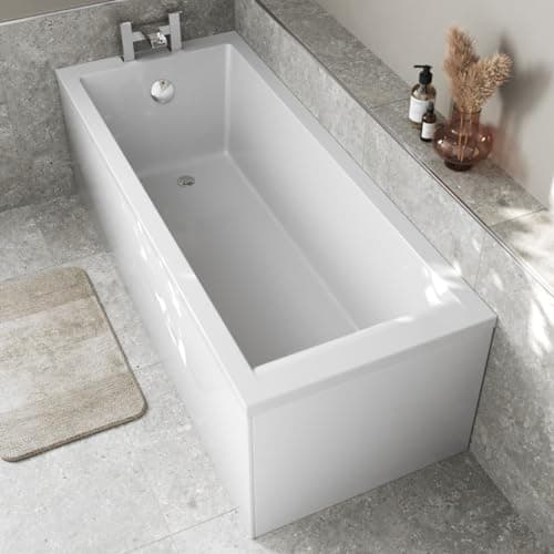 Image of BAYSTONE 1600 x 700mm Single Ended Straight Bath White Gloss Soaking Bathttub, Acrylic Baths for Bathrooms, Straight Square, Adjustable Feet, No Panel