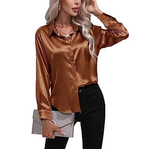 Image of Daysskk Long Sleeve Formal Satin Blouse for Women - Elegant Button Down Shirt, Brown, Dressy Top, UK XXL