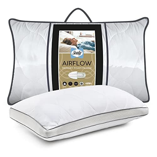 Image of Sealy Airflow Memory Foam Pillow - Ventilated Memory Foam Bed Pillow for Cool Sleep with Fibadown Fibres and Cotton Quilted Cover - Medium Firmness Ideal for Side and Back Sleepers, White