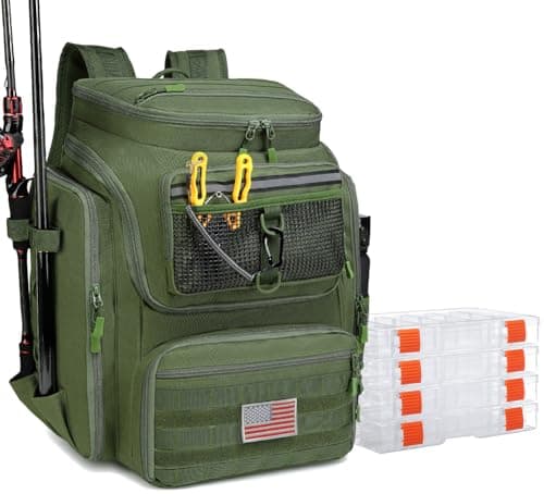Image of Fishing Backpack with Rod Holders, 40L Tackle Box Backpack for Fishing Gear, Waterproof Fishing Bag for Men (Army Green (4 Tackle Boxes Included))
