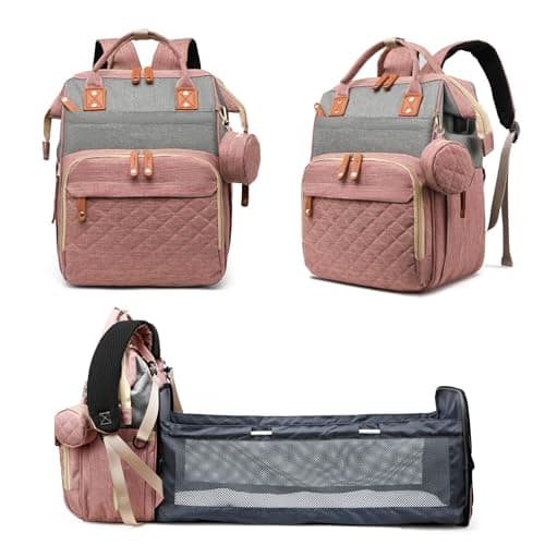 Image of Fexkean Baby Changing Bag Backpack,Multifunction Baby Diaper Bag Travel Back Pack for Boys & Girls Waterproof Stroller Straps Large Capacity (Pink&Gray)