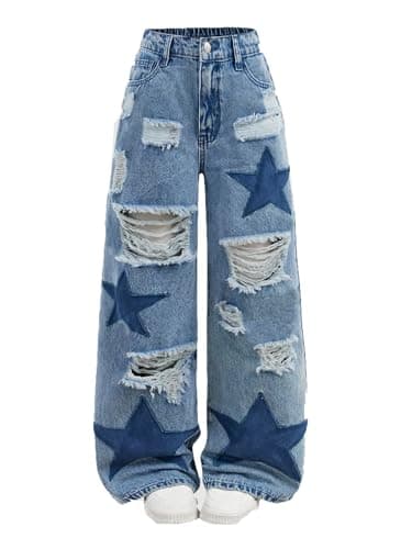 Image of Plus Size Women's High Waist Distressed Denim Jeans with Star Pattern,Ripped Design, Casual Streetwear Style (UK, Alpha, 5XL, Plus, Regular, Blue)
