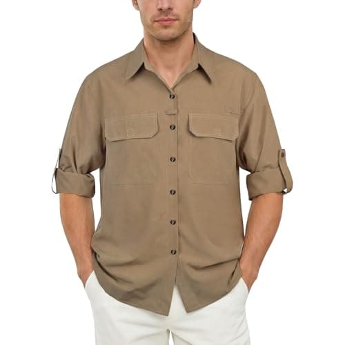 Image of BSBUY Men's Long Sleeve Shirts Sun Protection Safari Shirts Quick Dry Roll-Up Button-Down Shirt Breathable Military Tactical Shirts Cargo Work Shirts Blouses Outdoor Fishing Hiking Overshirts(L)