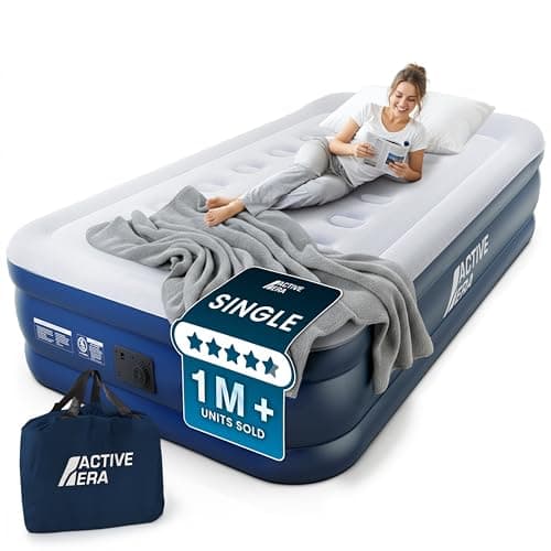 Image of Active Era Premium Single Inflatable Mattress | Airbed for Home with Built-In Pump | 3 Min Self Inflating Blow Up Bed | Flocked Surface & Puncture Resistant Air Bed for Guests & Camping 188x99x36.5cm