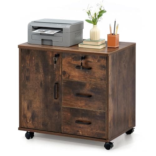 Image of LEMROE Mobile File Cabinet with Lockable and 3-Drawer Lateral Filing for Documents, Printer Stand, Home Office, Brown