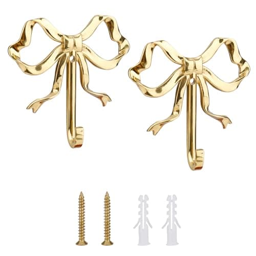 Image of lasuroa 2pcs Bow Knot Wall Hooks, 2.6x2.5in Gold Bow Knot Coat Hooks Cute Butterfly Door Hangers Decorative Bows Wall Hook for Coats Hats Bags Towels Coffee Mugs