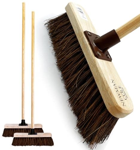 Image of 12” Outdoor Garden Broom with Wooden Handle Natural Stiff Bassine Hard Bristle Broom with Durable Support Bracket Yard Brush Heavy Duty Outdoor Cleaning Sweeping Yard (PACK OF 2)