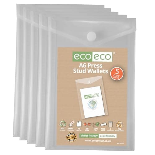 Image of eco-eco A6 50% Recycled Clear Transparent Portrait Press Stud Popper Wallet, Plastic Folders 180x120mm (Pack of 5), 200mic, eco159