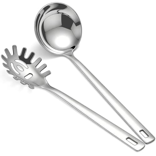 Image of Berglander Stainless Steel Soup Ladle & Spaghetti Spoon, 2 Piece Soup & Stew Ladles with Pasta Server, Cooking Tools for Serving Soup, Sauce and Pasta, Dishwasher Safe