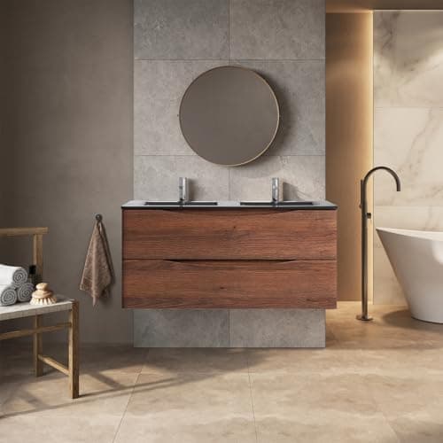 Image of Go Bathrooms Eaton Redwood 1200mm Wall Hung Vanity Unit Inc Grey Glass Basin Sink Vanity Unit Under Sink Bathroom Cabinet Storage Vanity Sink