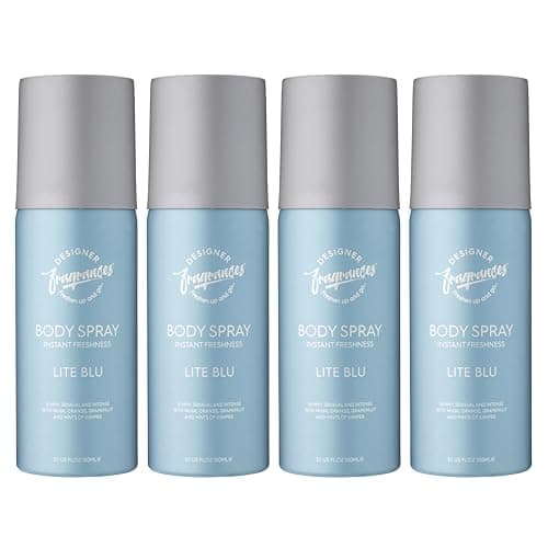 Image of Designer Fragrances 4 Pack Lite Blue Men's Body Spray Deodorant Cans - For Instant Freshness on The Go - Long Lasting Smell - Great Male Gift Sets- 150ml