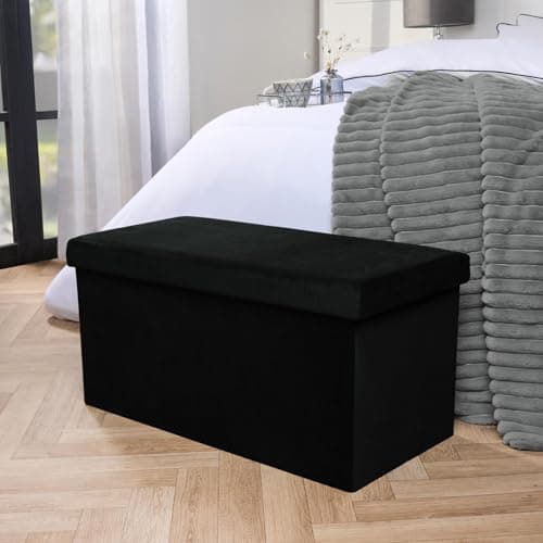 Image of OHS Rectangle Ottoman Storage Box, Matte Velvet Padded Foldable Bench with Hidden Storage & Lid Upholstered Footrest For Living Room & Bedroom Space Saving Organising Box Black